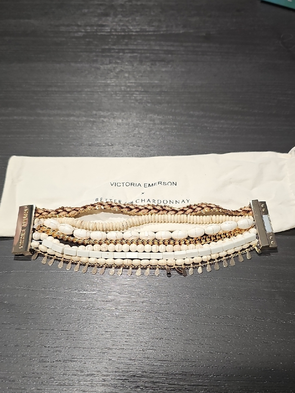 Victoria Emerson Cream and Gold Layered Bracelet with Beads and Chains